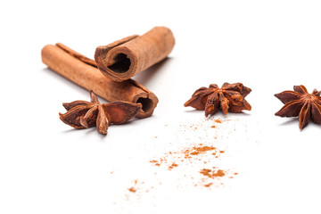 Cinnamon sticks and star anise isolated on white background