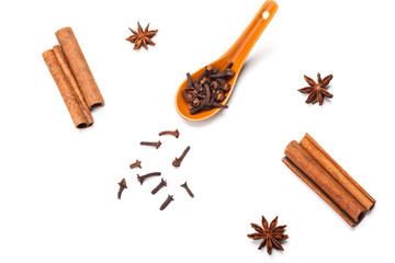Cinnamon sticks and star anise isolated on white background