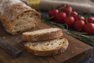 Crusty homemade ciabatta bread ready to eat. Fresh bread
