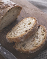 Freshly baked ciabatta bread. Closeup. Toned photo