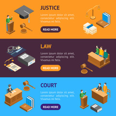 Law Court 3d Banner Horizontal Set Isometric View. Vector