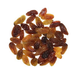 Pile of raisins isolated on white background, top view