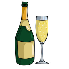 Bottle of champagne with a glass on white background.