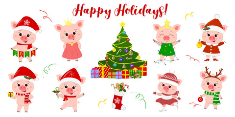 Happy New Year and Merry Christmas. A set of eight cute pigs in different costumes and poses. Christmas tree and gifts. Symbol of the new year in the Chinese calendar. 2019. Vector