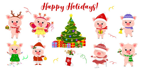 Happy New Year and Merry Christmas. A set of eight cute pigs in different costumes and poses. Christmas tree and gifts. Symbol of the new year in the Chinese calendar. 2019. Vector