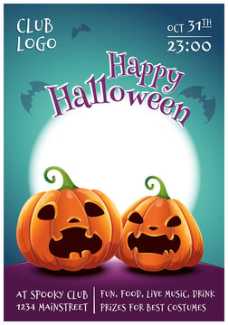 Happy Halloween editable poster with scared and angry pumpkins on dark blue background with full moon. Happy Halloween party.