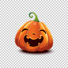 Happy Halloween. Vector Halloween pumpkin in cartoon style. Smiling happy face Halloween pumpkin isolated on transparent background. Jack head.