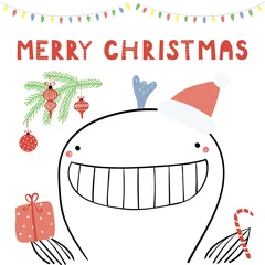 Foto op Plexiglas Hand drawn vector illustration of a cute funny whale in a Santa Claus hat, with tree branch, text Merry Christmas. Isolated objects on white background. Line drawing. Design concept for card, invite. © Maria Skrigan