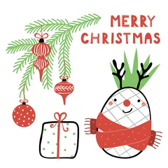Fotobehang Hand drawn vector illustration of a cute funny pineapple with deer antlers, red nose, tree branch, text Merry Christmas. Isolated objects on white background. Line drawing. Design concept card, invite © Maria Skrigan