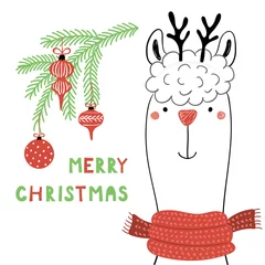 Foto op Plexiglas Hand drawn vector illustration of a cute funny llama in a muffler, with deer antlers, tree branch, text Merry Christmas. Isolated objects on white background. Line drawing. Design concept card, invite © Maria Skrigan