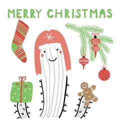 Deurstickers Hand drawn vector illustration of a cute funny cactus in a warm hat, with stocking, gingerbread, text Merry Christmas. Isolated objects on white background. Line drawing. Design concept card, invite. © Maria Skrigan