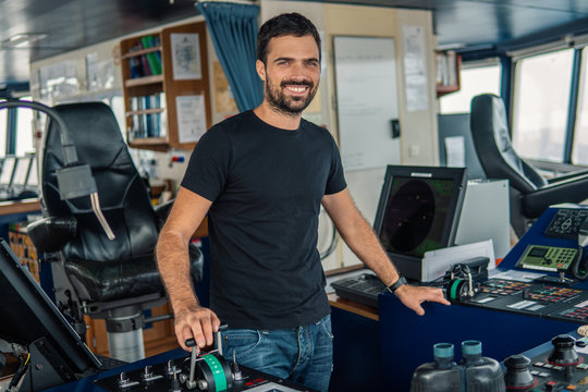 Marine navigational officer is maneuvering ship or vessel during navigation watch. He is using pitch and propulsion