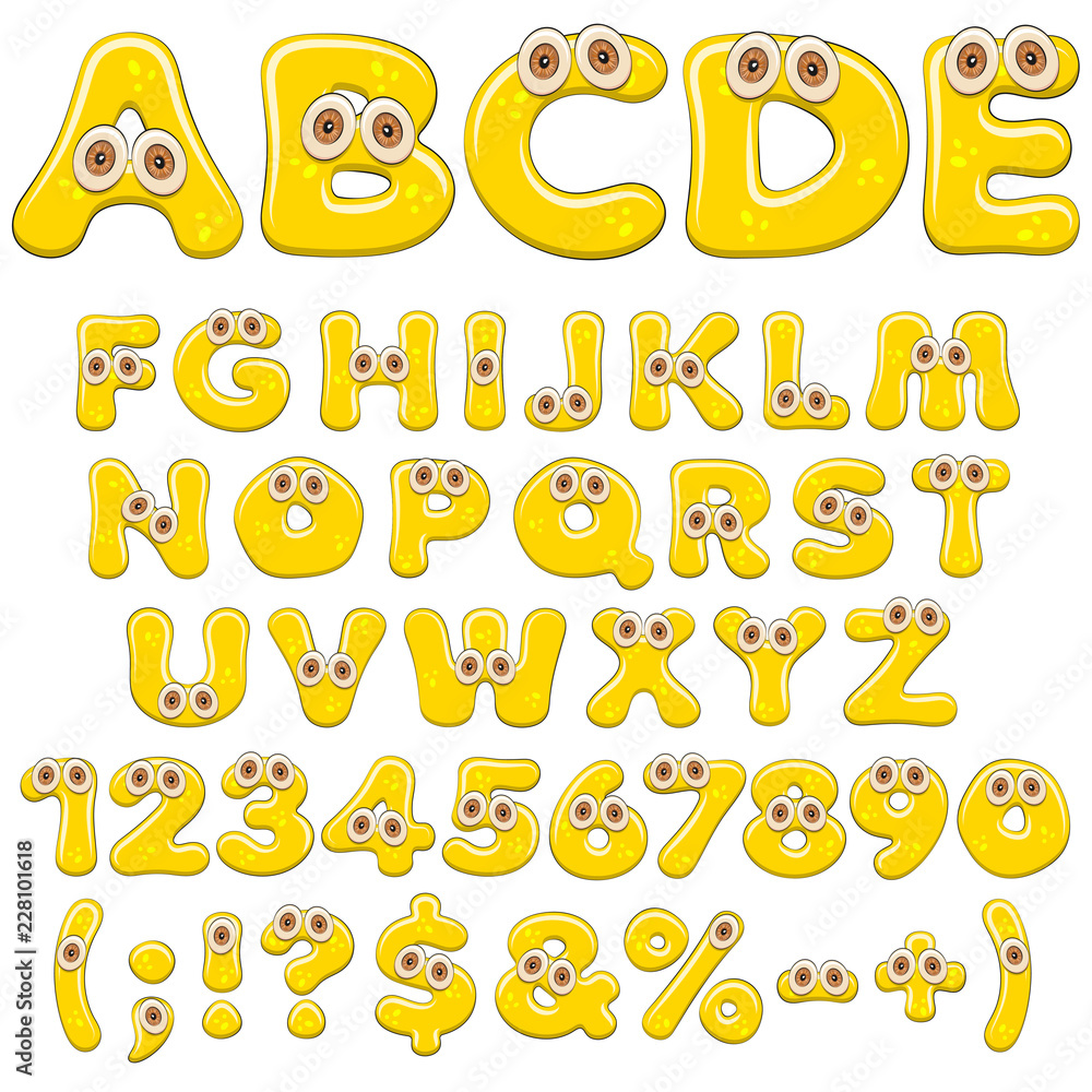 Poster yellow jelly alphabet, letters, numbers and characters with eyes. isolated colored vector objects on