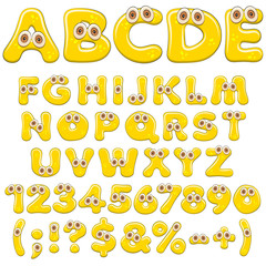 Yellow jelly alphabet, letters, numbers and characters with eyes. Isolated colored vector objects on white background.