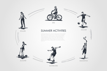 Summer activities - bike, soccer, badminton, skateboard, rollers, scooter vector concept set