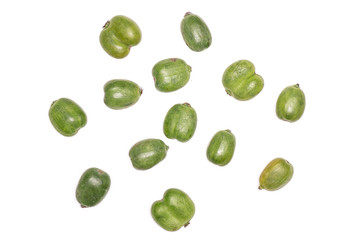 Lot of whole fresh green mini baby kiwi fruit flatlay isolated on white background