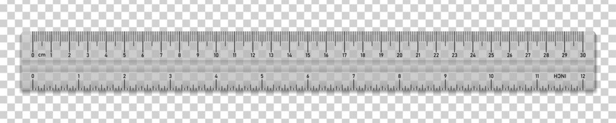 Transparent plastic tape ruler isolated. Double sided measurement in cm and inches. Vector illustration. - obrazy, fototapety, plakaty