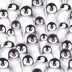 Seamless pattern with many cute baby penguins. Watercolor illustration.