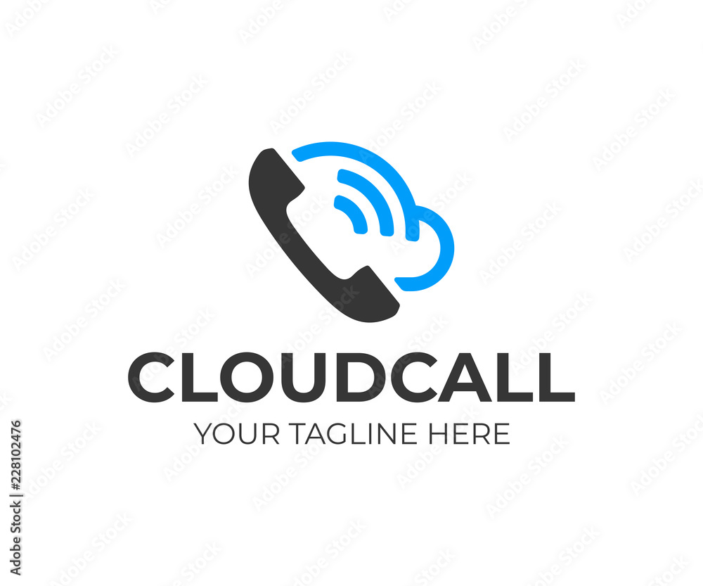 Poster cloud phone system logo design. mobile cloud computing vector design. handset and cloud logotype