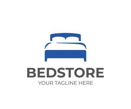 Double bed with pillow and duvet logo design. Bedroom furniture vector design. Mattress logotype