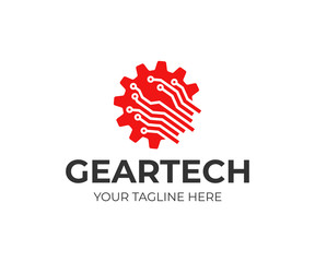 Gear technology logo design. Cogwheel with circuit lines vector design. Technology logotype