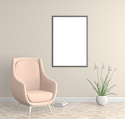 Modern interior with empty poster mock up. Hipster living room. 3D illustration