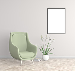 Modern interior with empty poster mock up. Hipster living room. 3D illustration