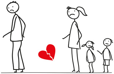 Familie in Trennung, Scheidung der Eltern, Vater verlässt die Familie, Sorgerecht und Umgang für die minderjährigen Kinder, Unterhalt, Gütertrennung, Ehevertrag, Strichfigur, Vektor