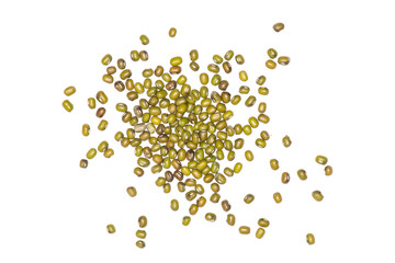 Lot of whole dry green mung beans heap flatlay isolated on white background