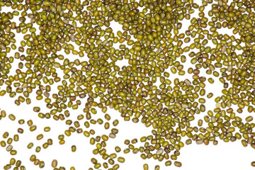 Lot of whole dry green mung beans flatlay isolated on white background