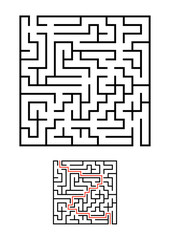 Abstract square maze. Game for kids. Puzzle for children. One entrances, one exit. Labyrinth conundrum. Simple flat vector illustration isolated on white background. With answer.