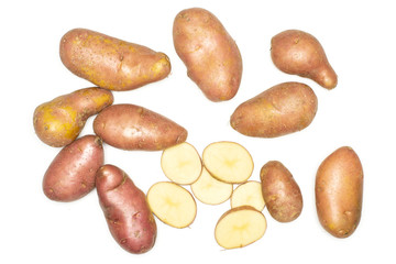 Group of lot of whole five slices of fresh red potato francelina variety flatlay isolated on white background