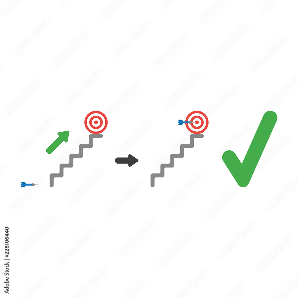 Aufkleber vector icon concept of bulls eye on top of stairs and dart in the center with check mark