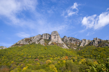 Panoramic landscape view of a rocky formation inside the Frakto Forest in Northern Greece