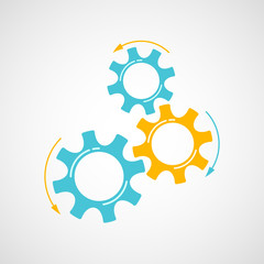 Mechanical cogs vector illustration. Development concept mechanism construction with cog and gear in orange and blue colors signify innovation teamwork. Cogwheel graphic for technical symbol