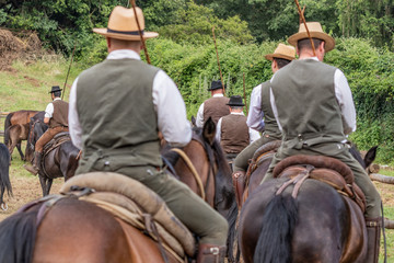 Hunting party, horse riding in posh, elegant countryside mansion. Ranch lifestyle, noble sporting,...