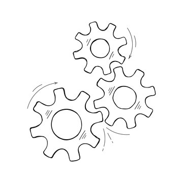 recommend clip art: Mechanical cogs vector sketch. Development concept hand drawn mechanism construction with outline cog and gear signify people communication. Cogwheel illustration for technical symbol or web icons