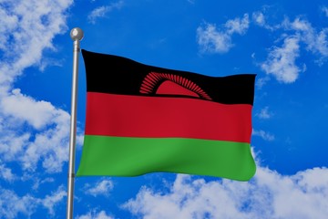 Malawi national flag waving isolated in the blue cloudy sky realistic 3d illustration