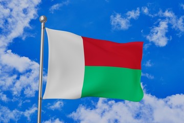 Madagascar national flag waving isolated in the blue cloudy sky realistic 3d illustration