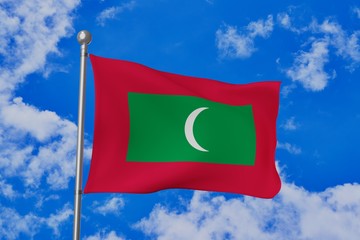 Maldives national flag waving isolated in the blue cloudy sky realistic 3d illustration