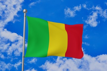 Mali national flag waving isolated in the blue cloudy sky realistic 3d illustration