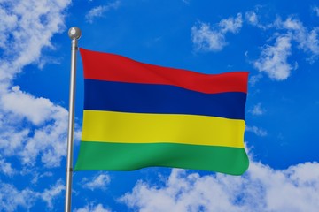 Mauritius national flag waving isolated in the blue cloudy sky realistic 3d illustration