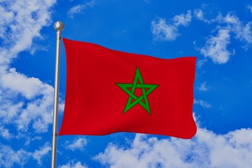 Morocco national flag waving isolated in the blue cloudy sky realistic 3d illustration