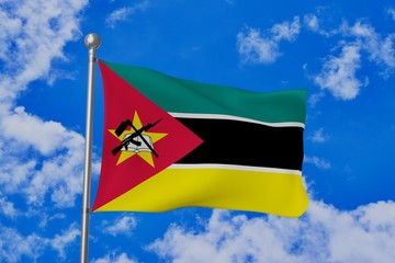Mozambique national flag waving isolated in the blue cloudy sky realistic 3d illustration