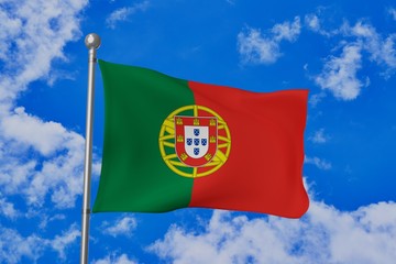 Portugal national flag waving isolated in the blue cloudy sky realistic 3d illustration
