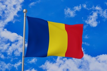 Romania national flag waving isolated in the blue cloudy sky realistic 3d illustration