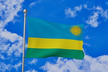 Rwanda national flag waving isolated in the blue cloudy sky realistic 3d illustration