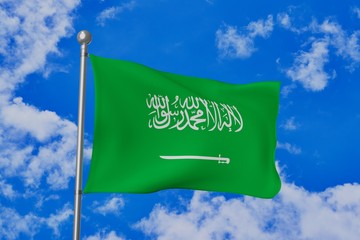 Saudi Arabia national flag waving isolated in the blue cloudy sky realistic 3d illustration