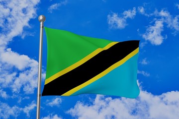 Tanzania national flag waving isolated in the blue cloudy sky realistic 3d illustration