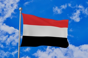 Yemen national flag waving isolated in the blue cloudy sky realistic 3d illustration